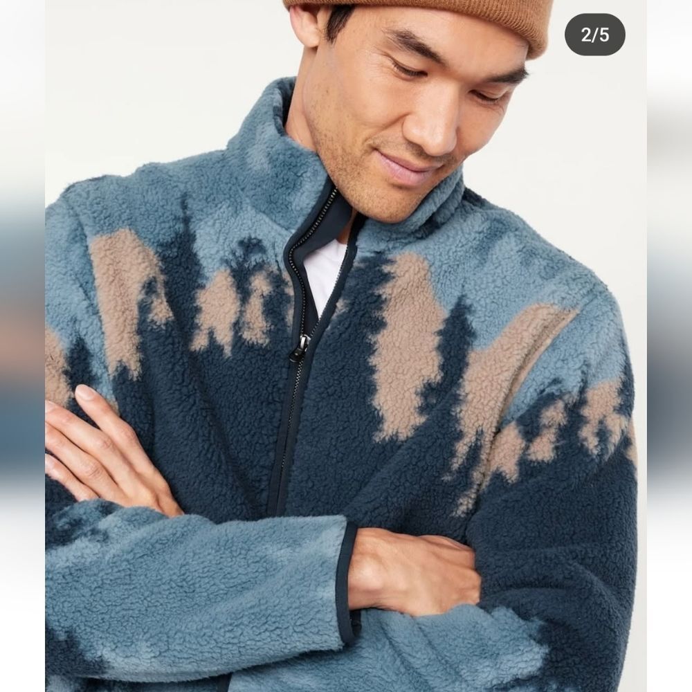 NWT Old Navy Sherpa Zip Jacket blue trees pullover - Picture 2 of 5